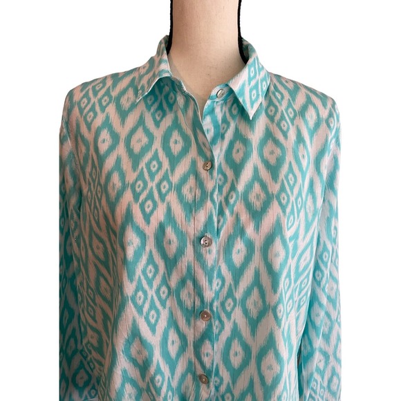 Chico's Blouse Women's Size Small Turquoise Ikat Print Tie Front Resortwear - Picture 2 of 5